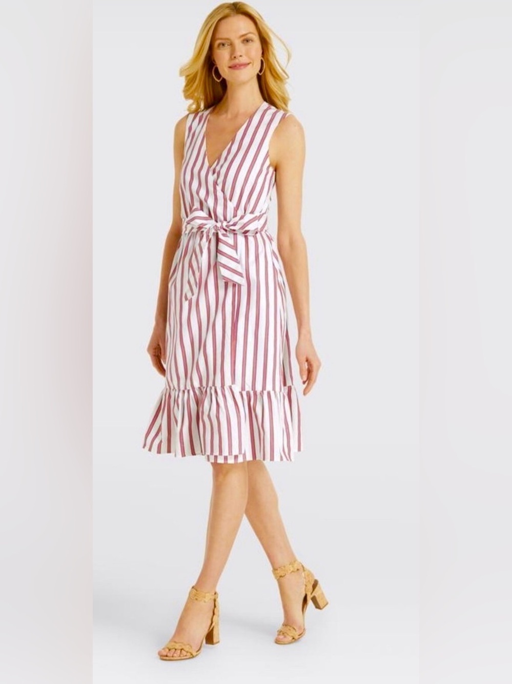 Draper James Pink & White Stripe Wrap Dress with Tie-Waist & V-Neck, Medium (10)